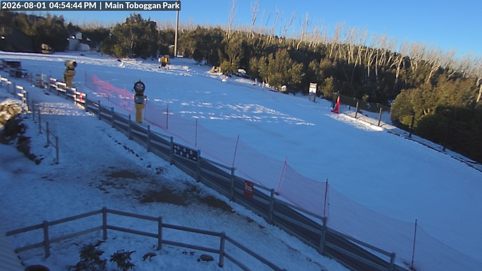 Lake Mountain Village Toboggan Run snow cam captured at 1 August 2026 at 4:56 pm AEST