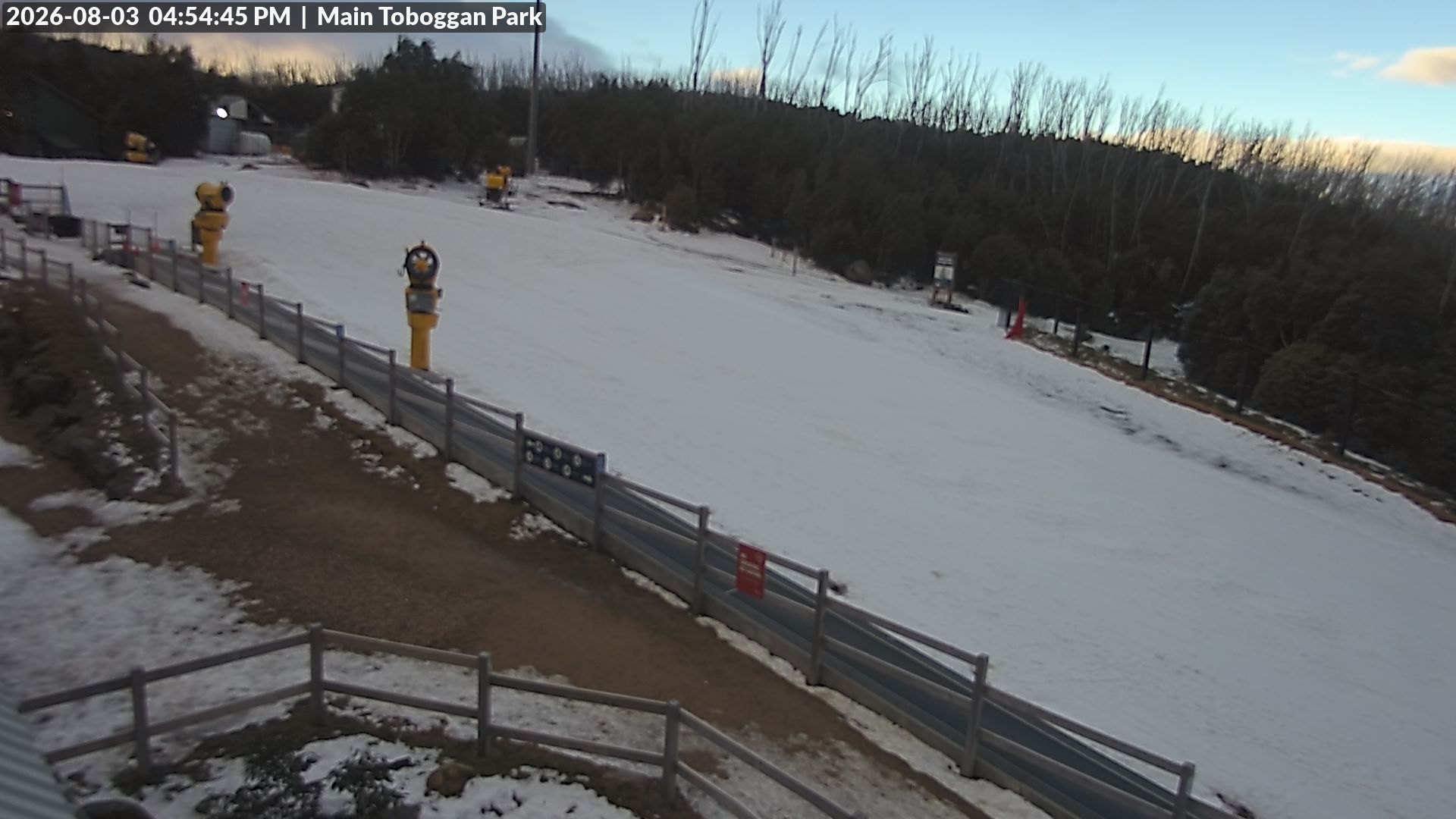 Lake Mountain Village Toboggan Run snow cam captured at 3 August 2026 at 4:58 pm AEST