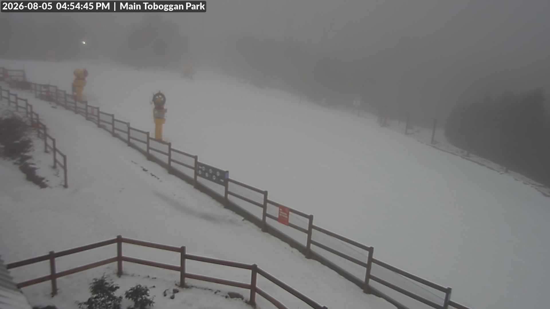 Lake Mountain Village Toboggan Run snow cam captured at 5 August 2026 at 4:59 pm AEST