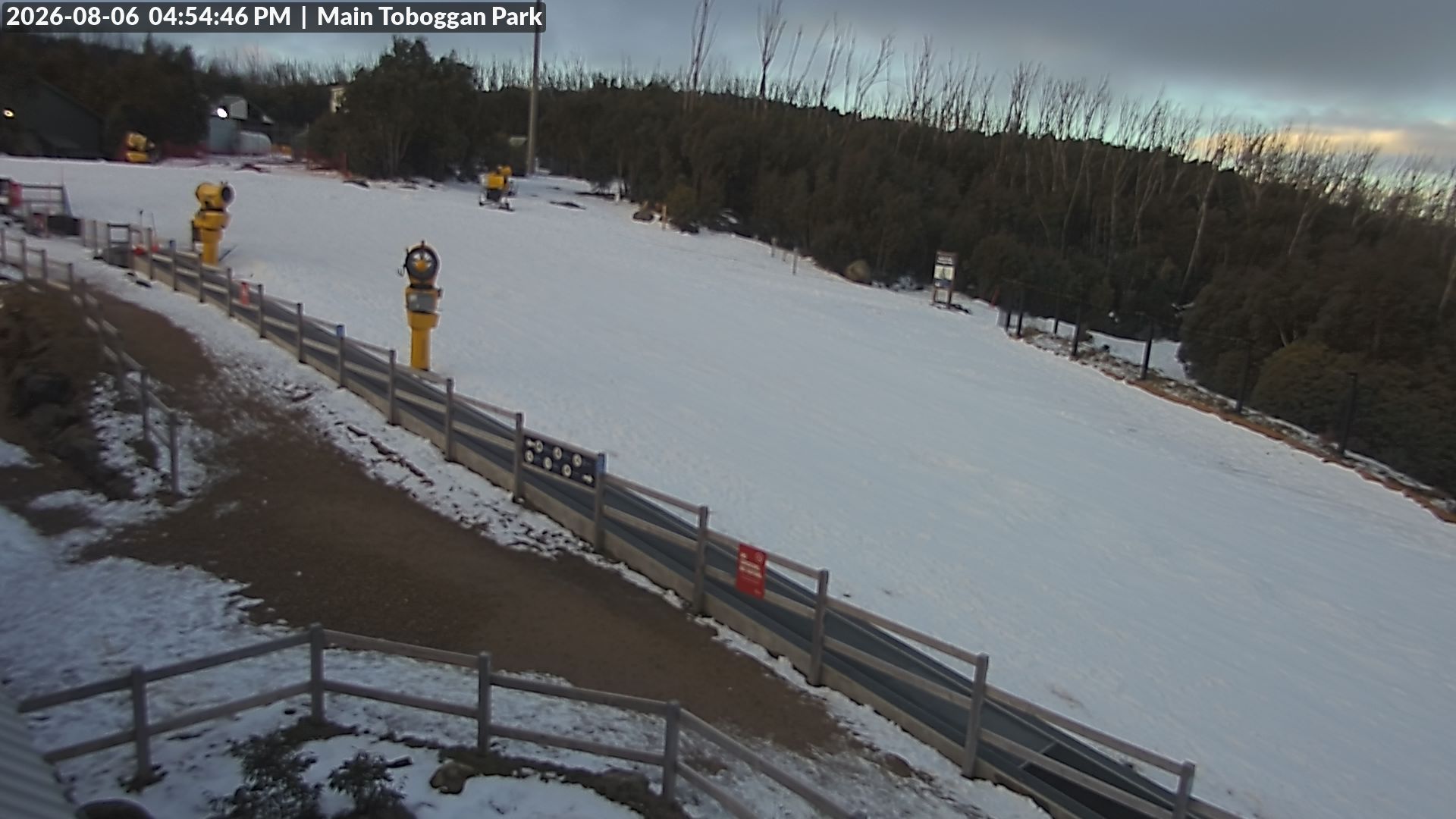 Lake Mountain Village Toboggan Run snow cam captured at 6 August 2026 at 4:59 pm AEST