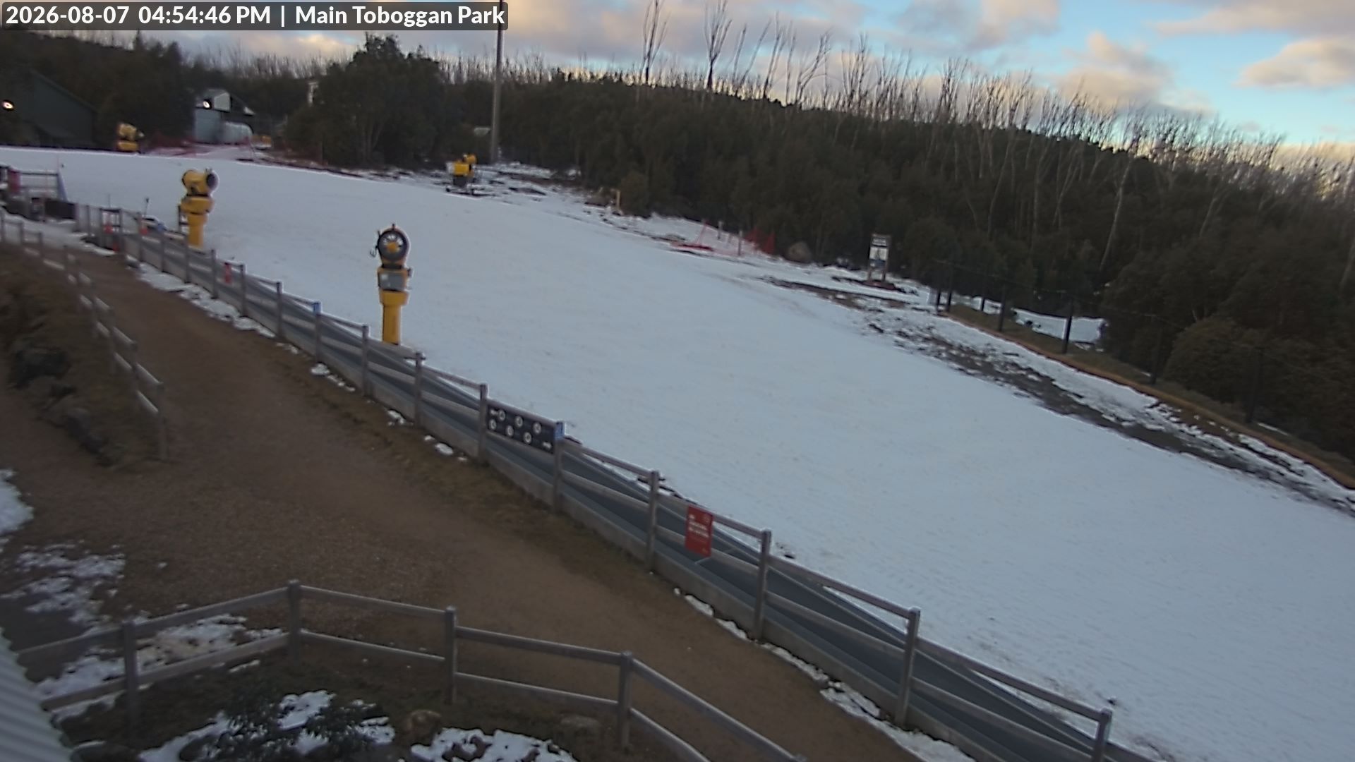 Lake Mountain Village Toboggan Run snow cam captured at 7 August 2026 at 4:59 pm AEST