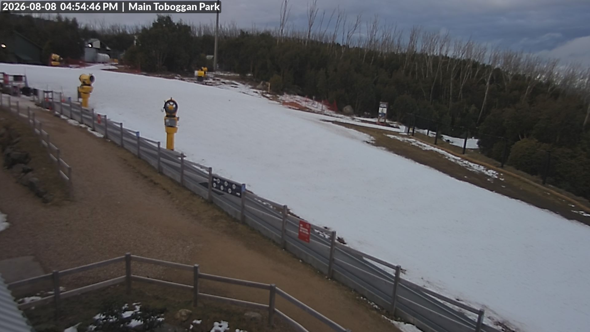 Lake Mountain Village Toboggan Run snow cam captured at 8 August 2026 at 4:59 pm AEST