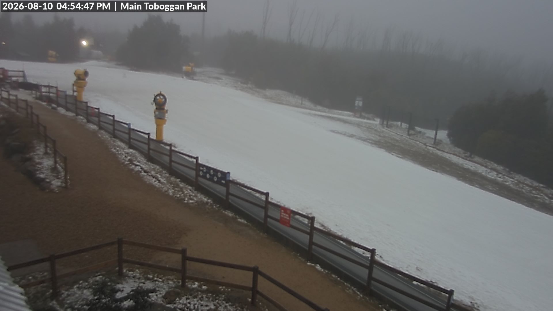 Lake Mountain Village Toboggan Run snow cam captured at 10 August 2026 at 4:56 pm AEST