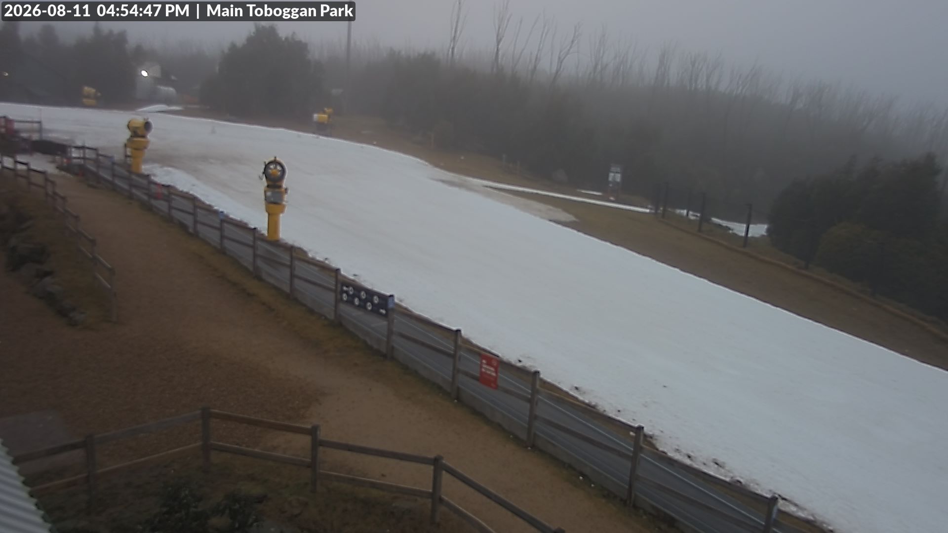 Lake Mountain Village Toboggan Run snow cam captured at 11 August 2026 at 4:56 pm AEST