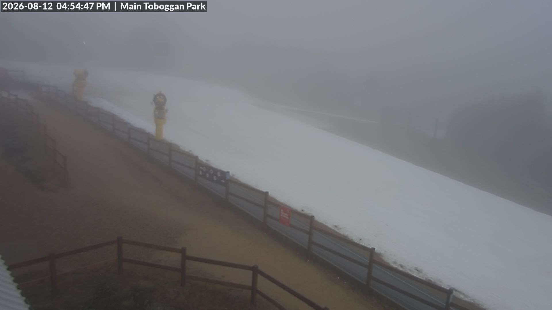Lake Mountain Village Toboggan Run snow cam captured at 12 August 2026 at 4:56 pm AEST
