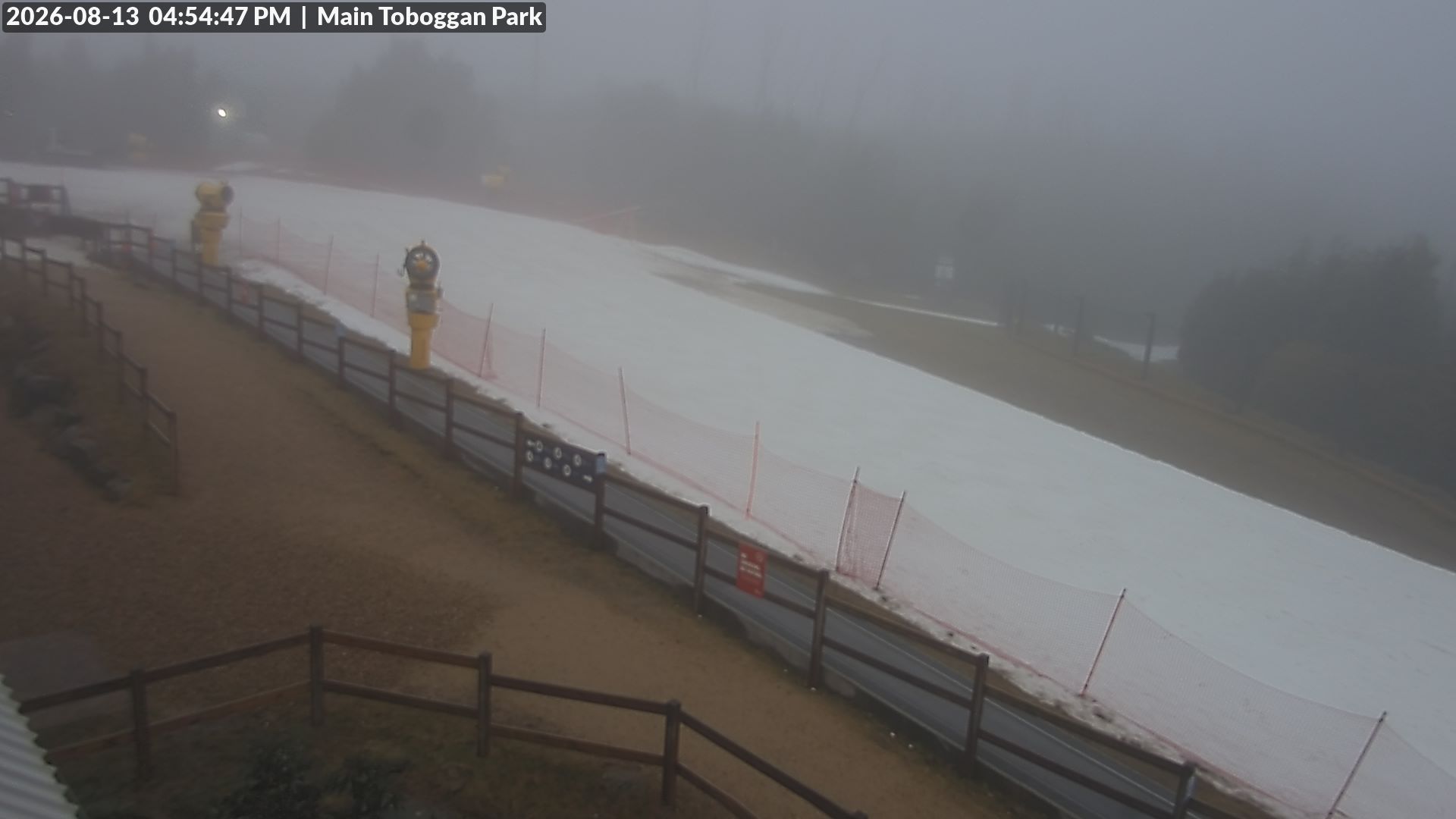 Lake Mountain Village Toboggan Run snow cam captured at 13 August 2026 at 4:56 pm AEST