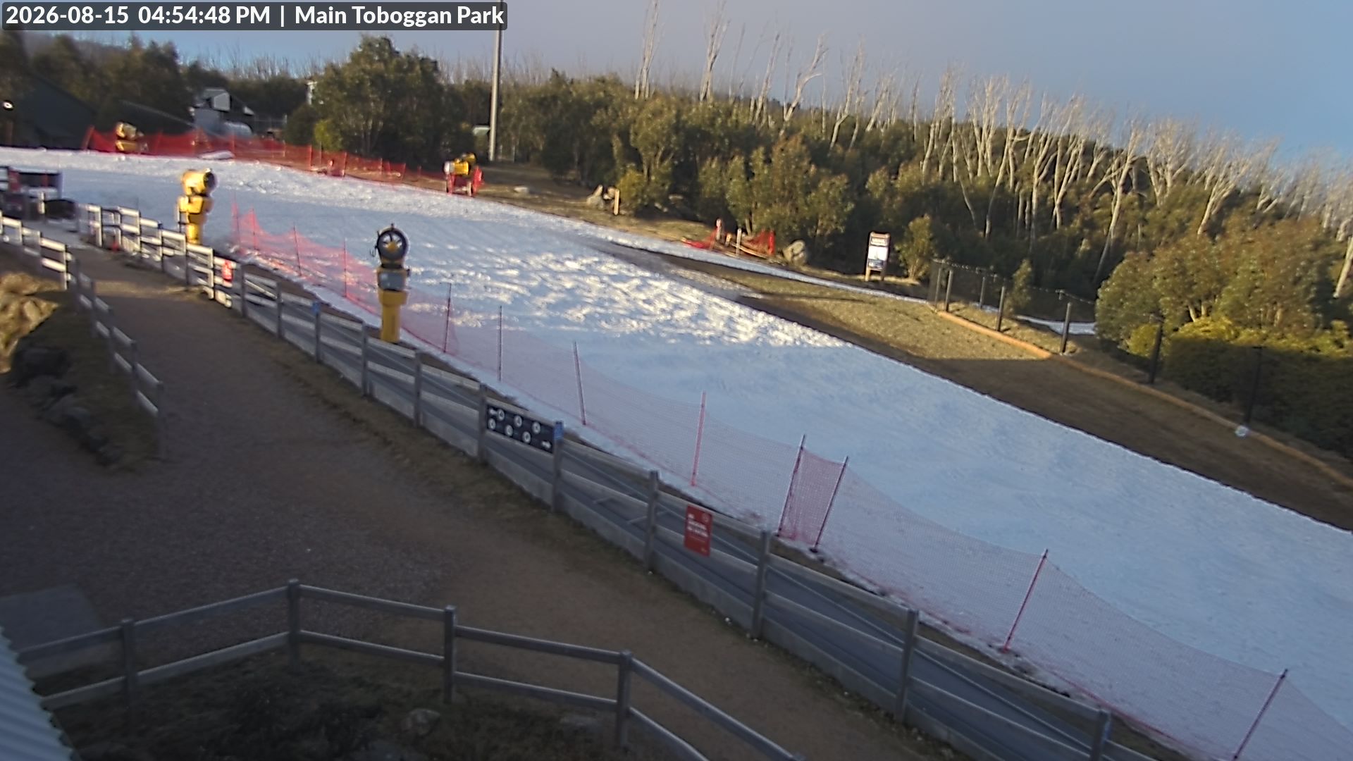 Lake Mountain Village Toboggan Run snow cam captured at 15 August 2026 at 4:56 pm AEST