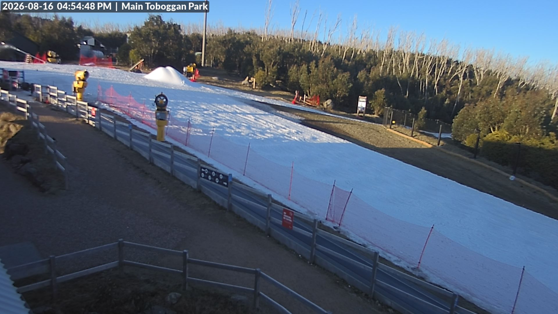 Lake Mountain Village Toboggan Run snow cam captured at 16 August 2026 at 4:56 pm AEST