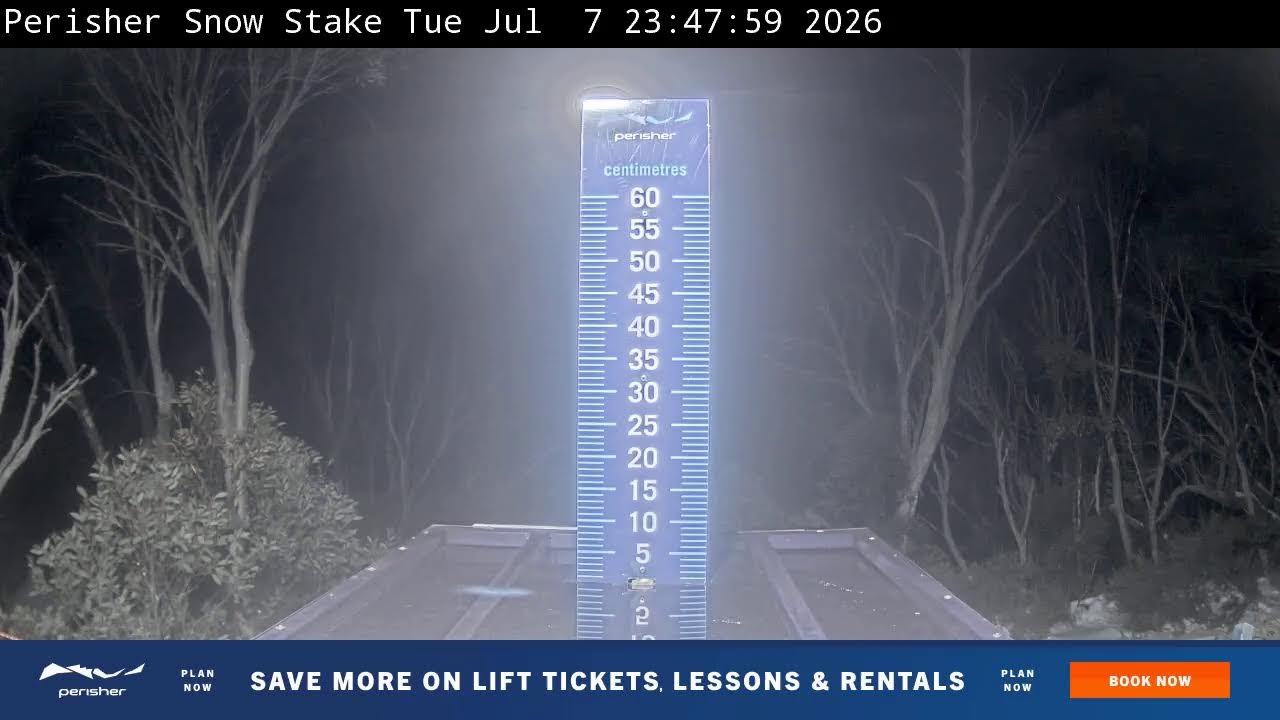 Perisher Snow Stake Live snow cam captured at 7 July 2026 at 11:58 pm AEST