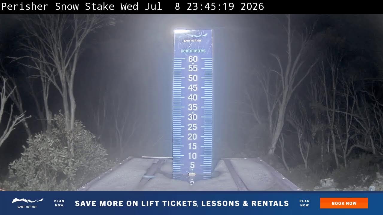 Perisher Snow Stake Live snow cam captured at 8 July 2026 at 11:58 pm AEST