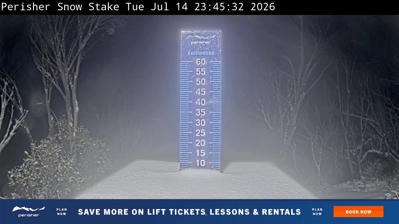 Perisher Snow Stake Live snow cam captured at 14 July 2026 at 11:55 pm AEST