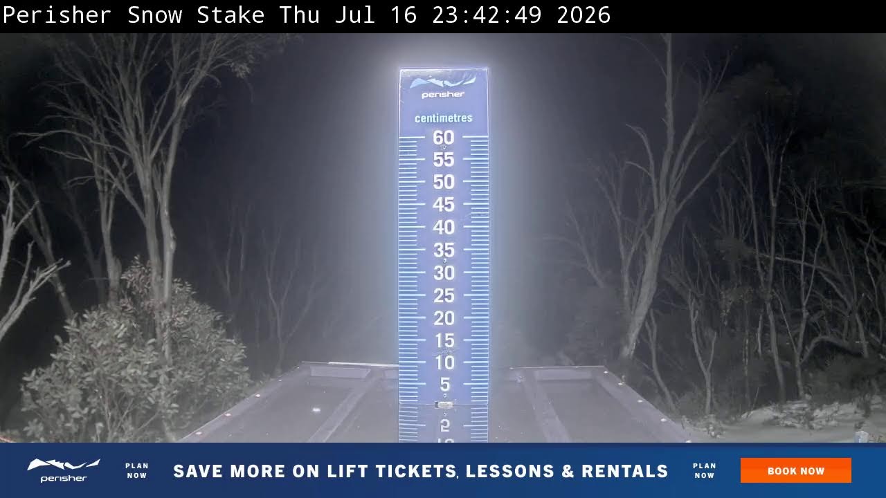 Perisher Snow Stake Live snow cam captured at 16 July 2026 at 11:55 pm AEST