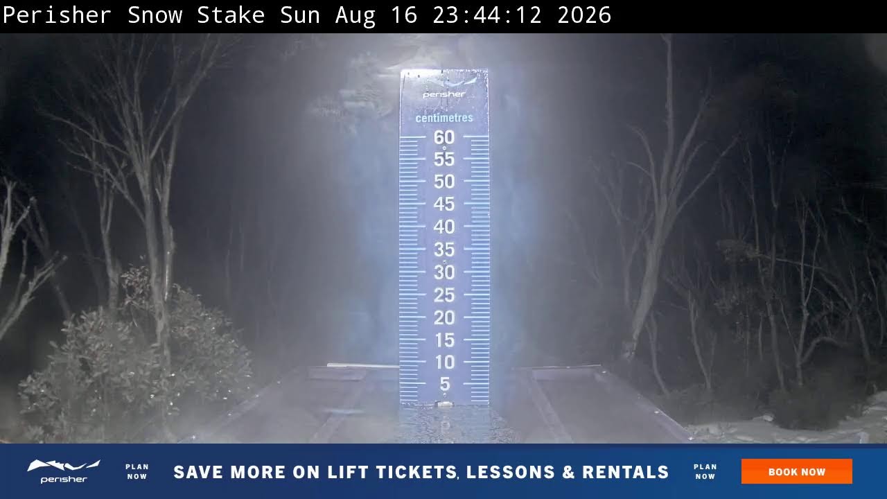 Perisher Snow Stake Live snow cam captured at 16 August 2026 at 11:57 pm AEST