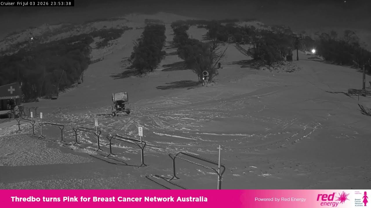 Thredbo Cruiser Area Live snow cam captured at 3 July 2026 at 11:58 pm AEST