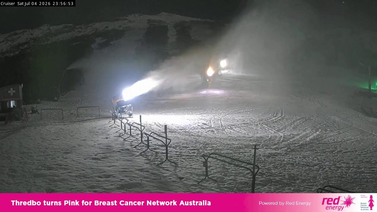 Thredbo Cruiser Area Live snow cam captured at 4 July 2026 at 11:58 pm AEST