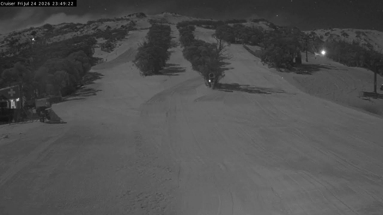 Thredbo Cruiser Area Live snow cam captured at 24 July 2026 at 11:54 pm AEST