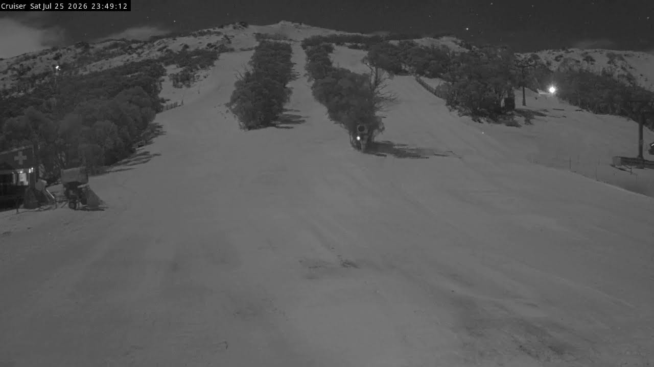 Thredbo Cruiser Area Live snow cam captured at 25 July 2026 at 11:54 pm AEST