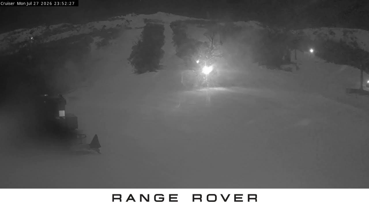 Thredbo Cruiser Area Live snow cam captured at 27 July 2026 at 11:54 pm AEST