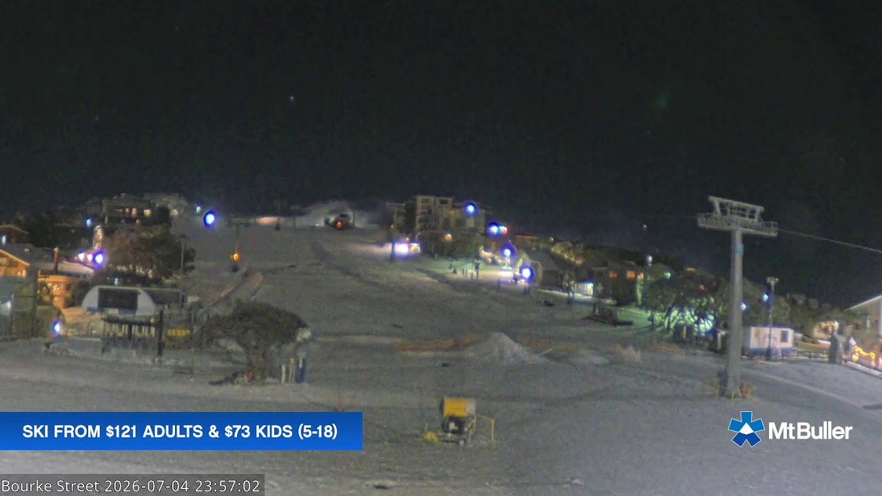 Mt Buller Bourke Street Live snow cam captured at 4 July 2026 at 11:58 pm AEST
