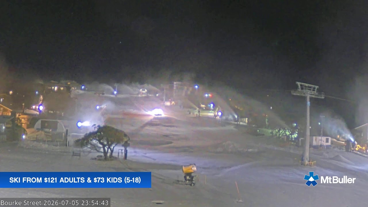 Mt Buller Bourke Street Live snow cam captured at 5 July 2026 at 11:58 pm AEST