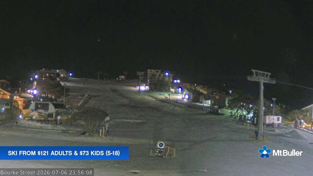 Mt Buller Bourke Street Live snow cam captured at 6 July 2026 at 11:58 pm AEST