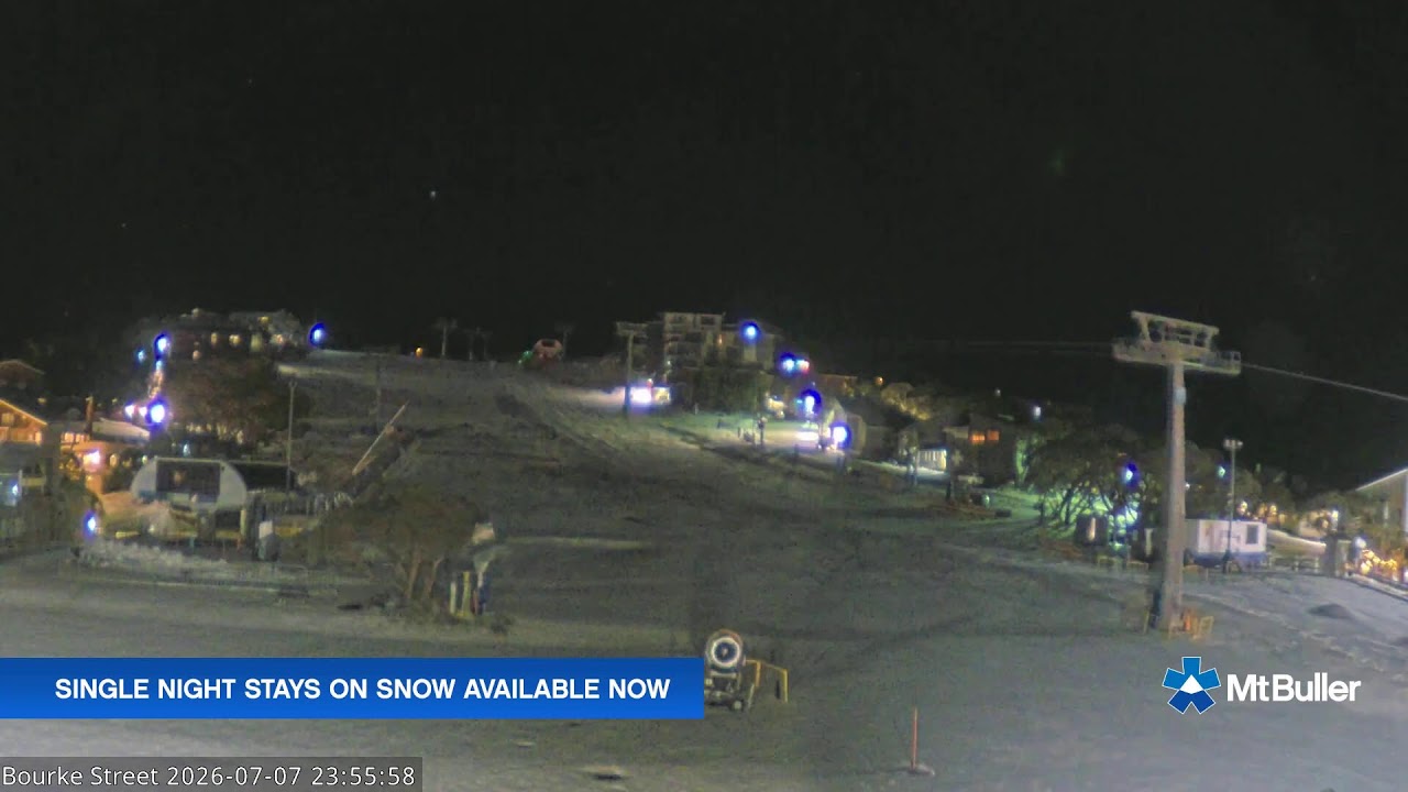 Mt Buller Bourke Street Live snow cam captured at 7 July 2026 at 11:58 pm AEST