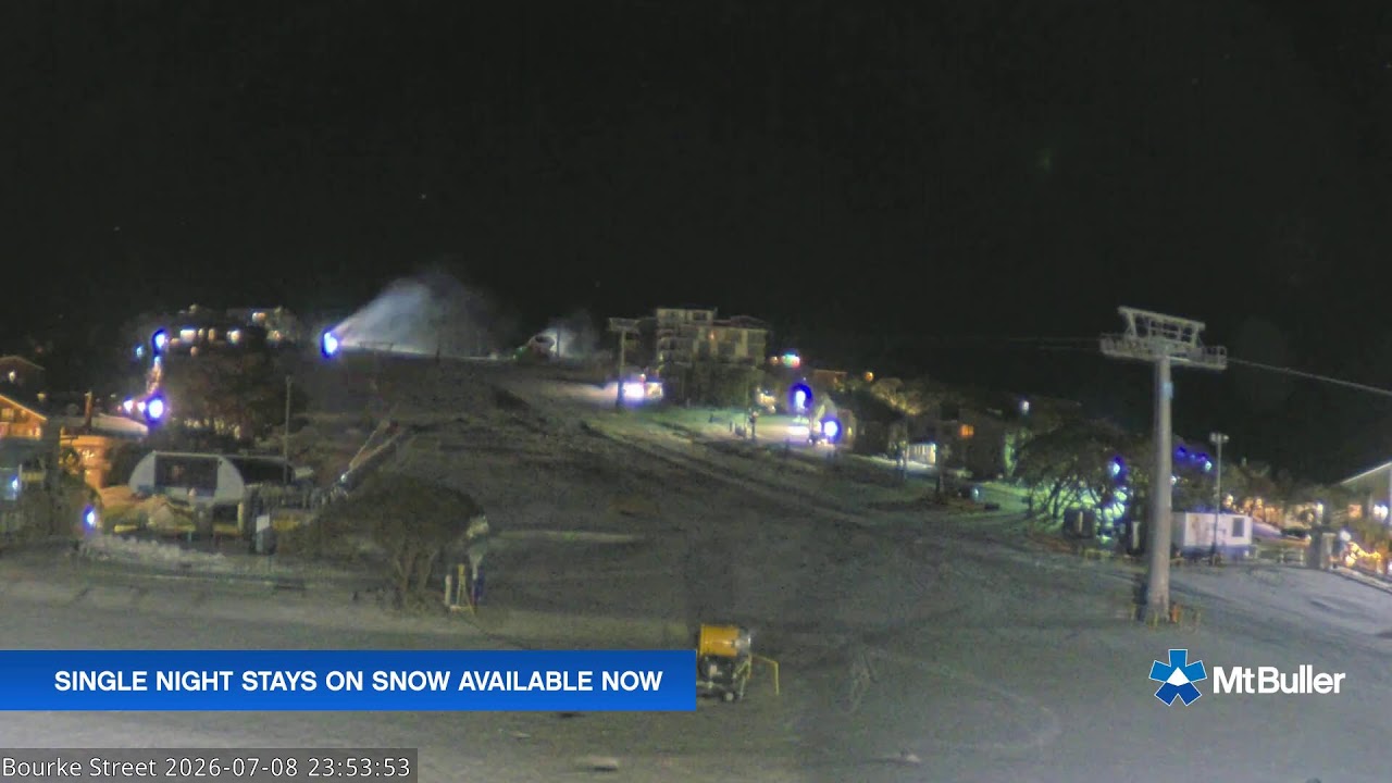 Mt Buller Bourke Street Live snow cam captured at 8 July 2026 at 11:58 pm AEST