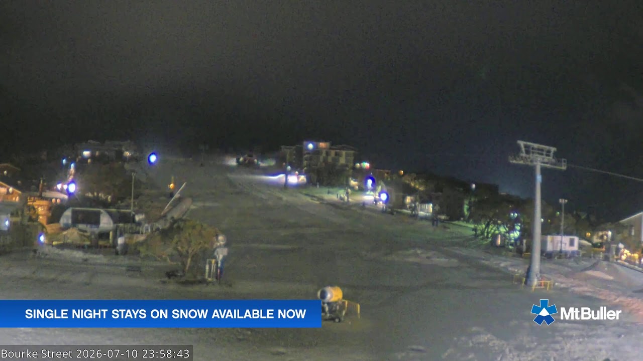 Mt Buller Bourke Street Live snow cam captured at 10 July 2026 at 11:59 pm AEST