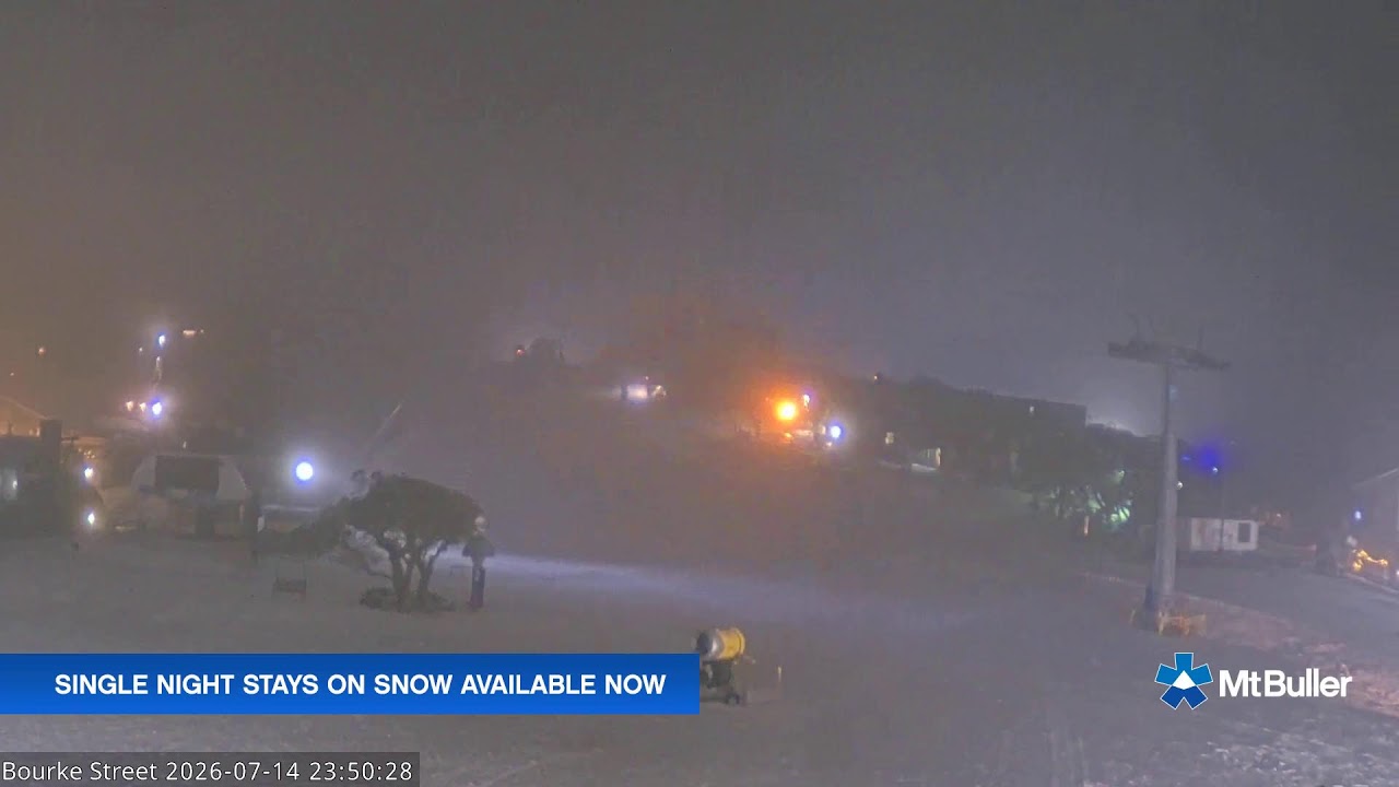 Mt Buller Bourke Street Live snow cam captured at 14 July 2026 at 11:55 pm AEST
