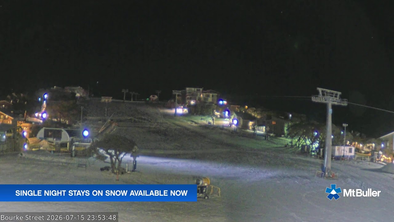 Mt Buller Bourke Street Live snow cam captured at 15 July 2026 at 11:55 pm AEST