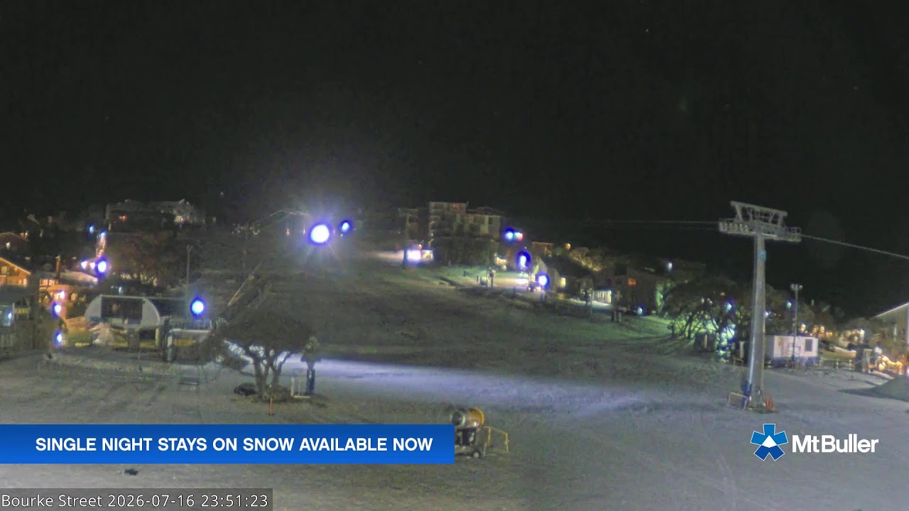 Mt Buller Bourke Street Live snow cam captured at 16 July 2026 at 11:55 pm AEST