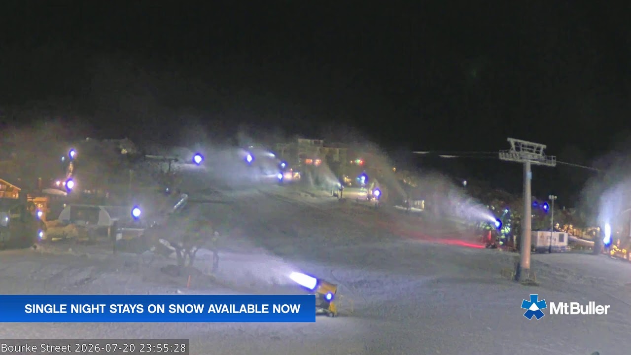 Mt Buller Bourke Street Live snow cam captured at 20 July 2026 at 11:56 pm AEST