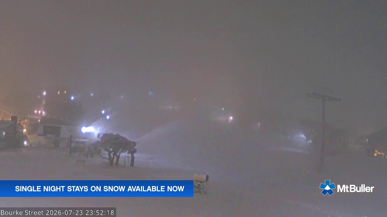 Mt Buller Bourke Street Live snow cam captured at 23 July 2026 at 11:54 pm AEST