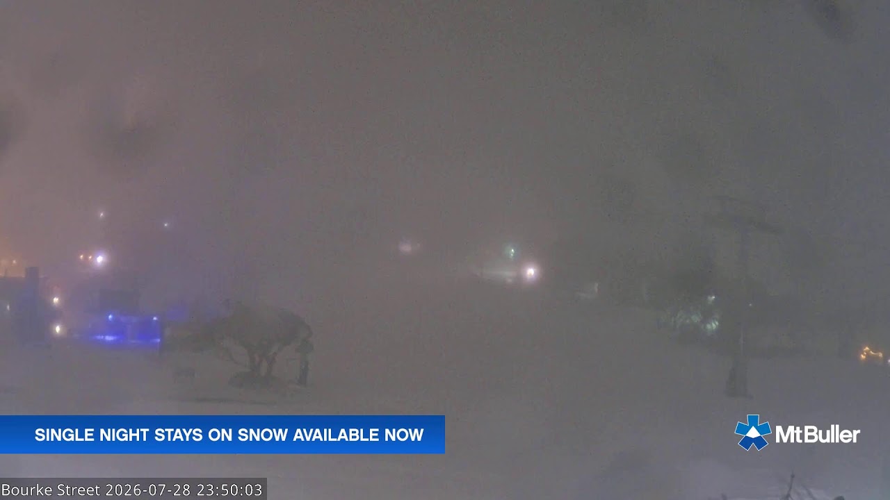 Mt Buller Bourke Street Live snow cam captured at 28 July 2026 at 11:55 pm AEST