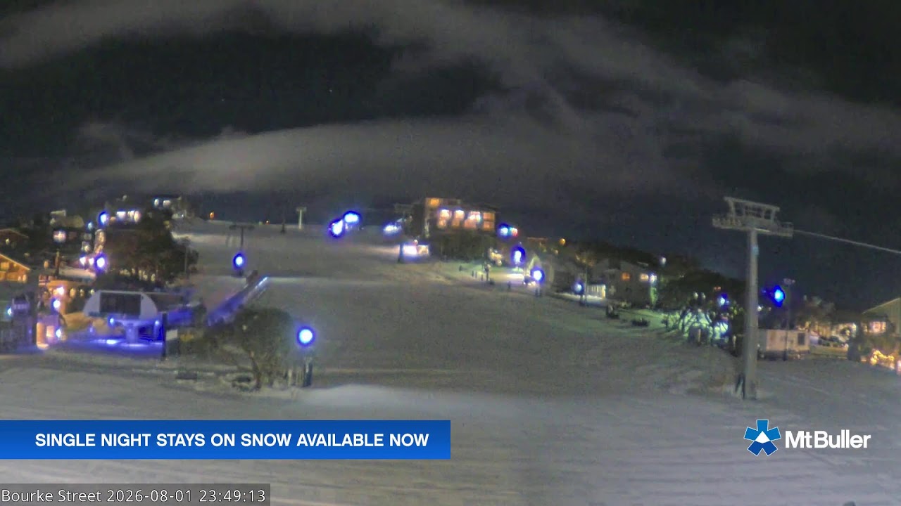 Mt Buller Bourke Street Live snow cam captured at 1 August 2026 at 11:54 pm AEST
