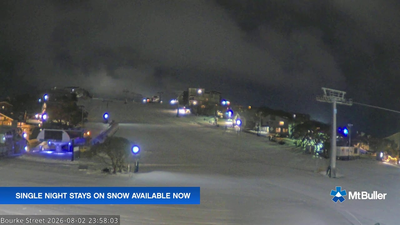 Mt Buller Bourke Street Live snow cam captured at 2 August 2026 at 11:58 pm AEST