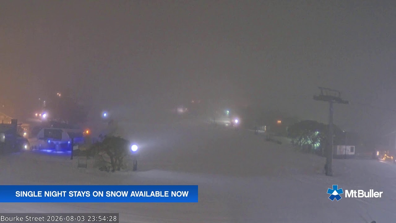 Mt Buller Bourke Street Live snow cam captured at 3 August 2026 at 11:58 pm AEST