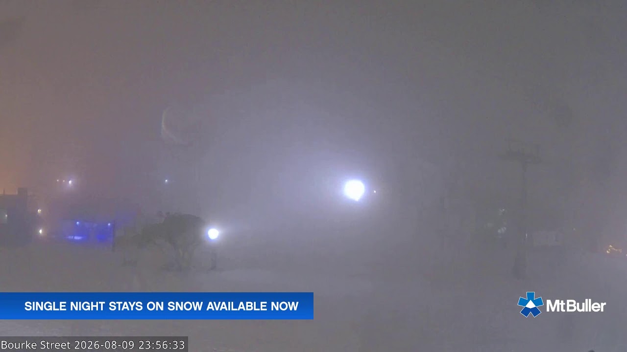 Mt Buller Bourke Street Live snow cam captured at 9 August 2026 at 11:56 pm AEST