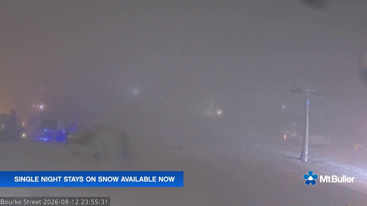 Mt Buller Bourke Street Live snow cam captured at 12 August 2026 at 11:55 pm AEST