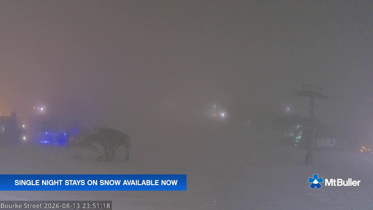 Mt Buller Bourke Street Live snow cam captured at 13 August 2026 at 11:56 pm AEST