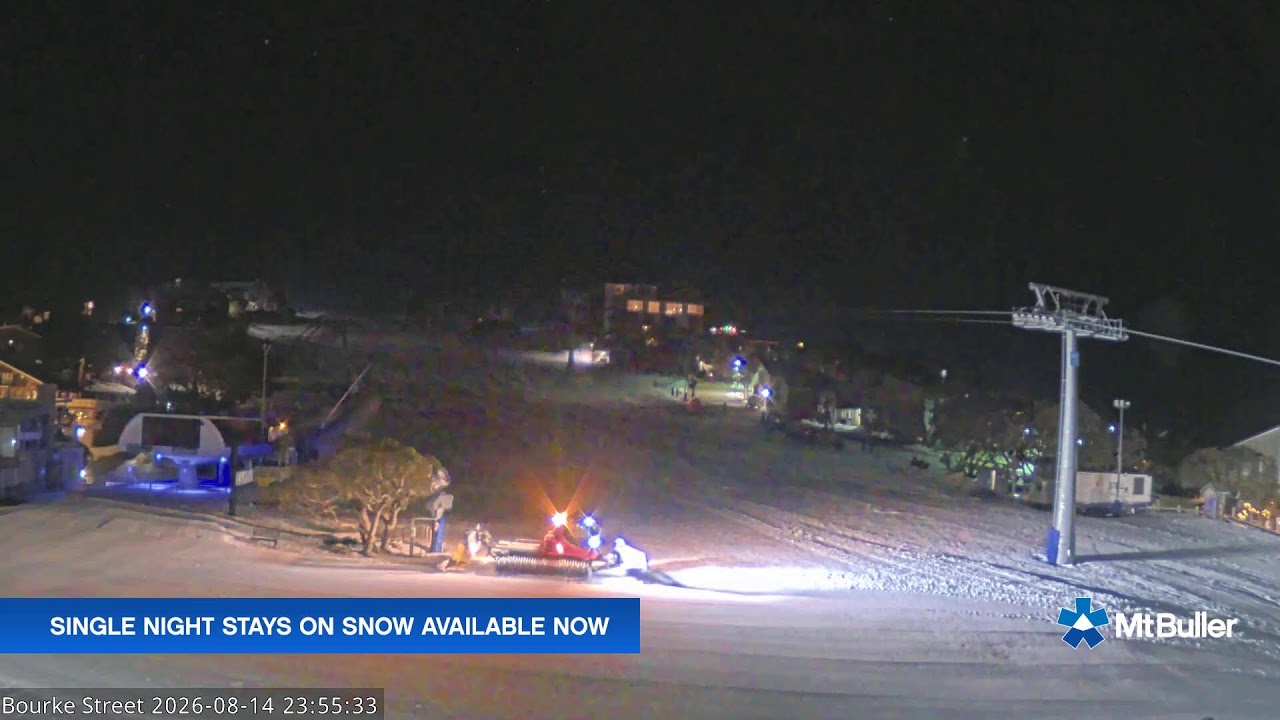 Mt Buller Bourke Street Live snow cam captured at 14 August 2026 at 11:56 pm AEST