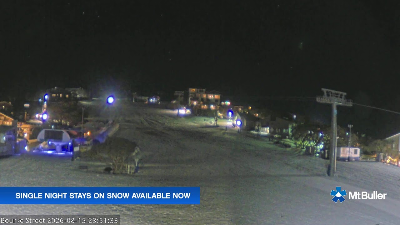 Mt Buller Bourke Street Live snow cam captured at 15 August 2026 at 11:56 pm AEST