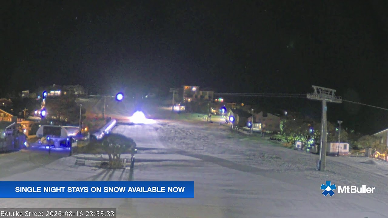 Mt Buller Bourke Street Live snow cam captured at 16 August 2026 at 11:56 pm AEST