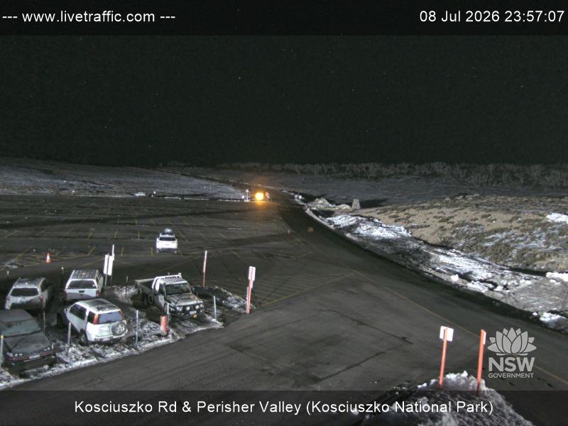 Perisher Perisher Valley Car Park Road snow cam captured at 8 July 2026 at 11:57 pm AEST