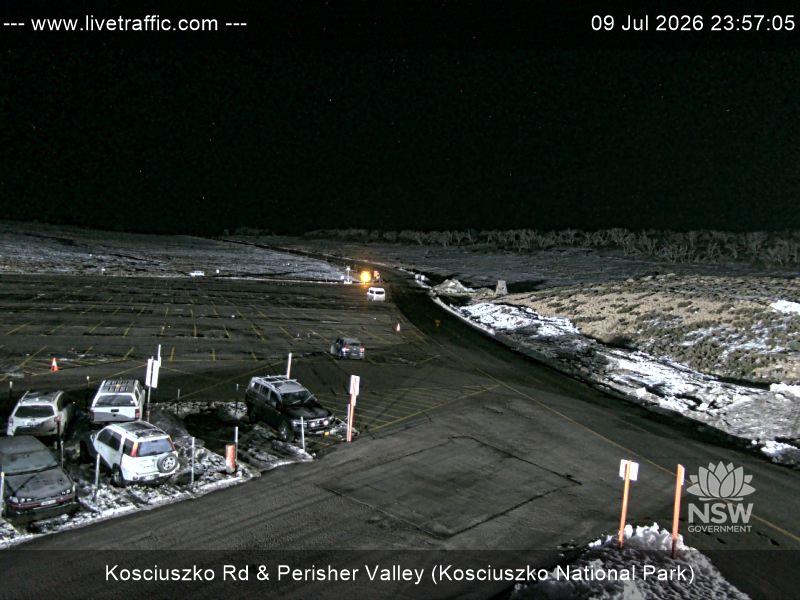 Perisher Perisher Valley Car Park Road snow cam captured at 9 July 2026 at 11:57 pm AEST
