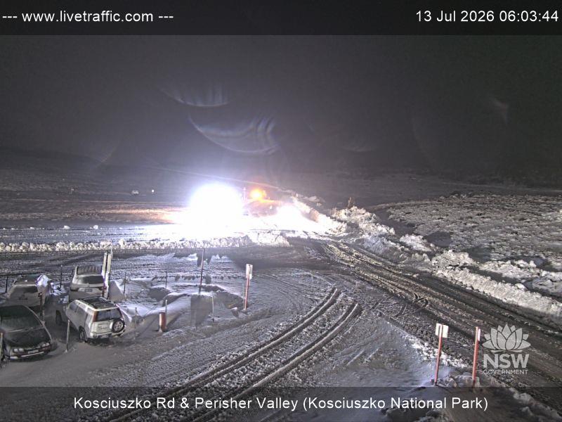 Perisher Perisher Valley Car Park Road snow cam captured at 13 July 2026 at 6:03 am AEST
