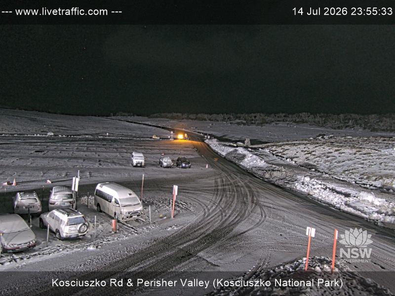 Perisher Perisher Valley Car Park Road snow cam captured at 14 July 2026 at 11:55 pm AEST