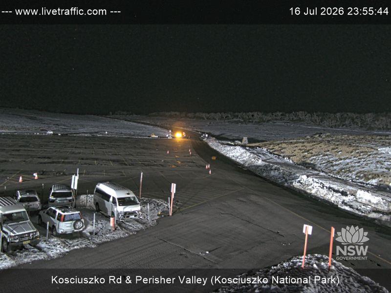 Perisher Perisher Valley Car Park Road snow cam captured at 16 July 2026 at 11:55 pm AEST