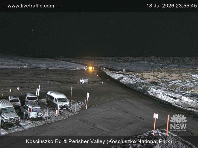Perisher Perisher Valley Car Park Road snow cam captured at 18 July 2026 at 11:55 pm AEST