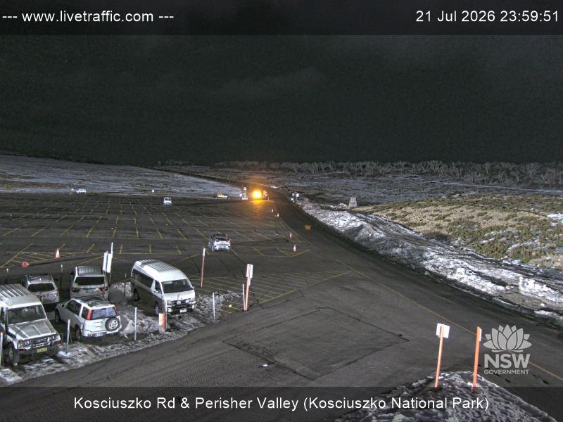 Perisher Perisher Valley Car Park Road snow cam captured at 21 July 2026 at 11:59 pm AEST